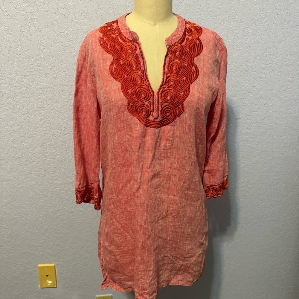 Roberta Freymann 100% Linen V-neck Embroidered 3/4 Sleeve Tunic